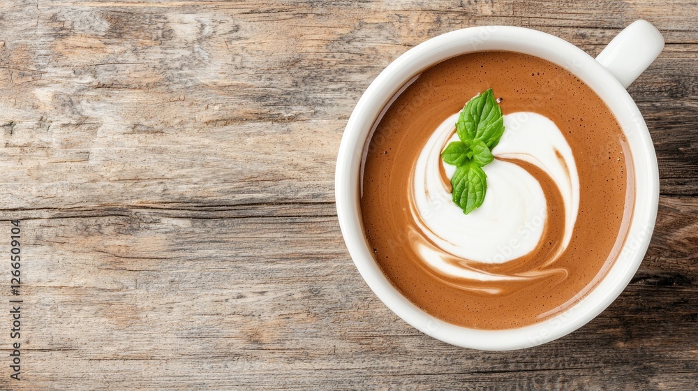 drinks smoothie artisanal concept. Creamy coffee in a cup garnished with mint on a rustic wooden table. drinks smoothie artisanal concept. Creamy coffee in a cup garnished with mint on a rustic wooden table.