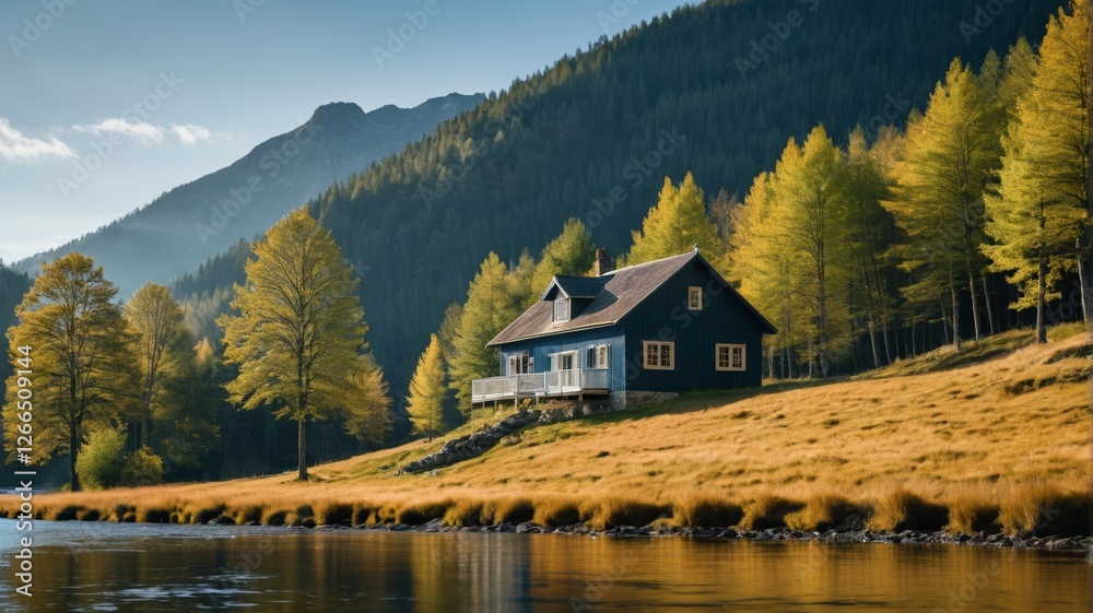 Fototapeta premium there is a house on the hill by the water