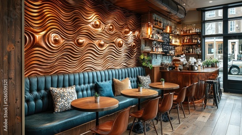 Wallpaper Mural Cozy interior of a modern caf? with textured wall, wooden furniture, and warm ambiance Torontodigital.ca