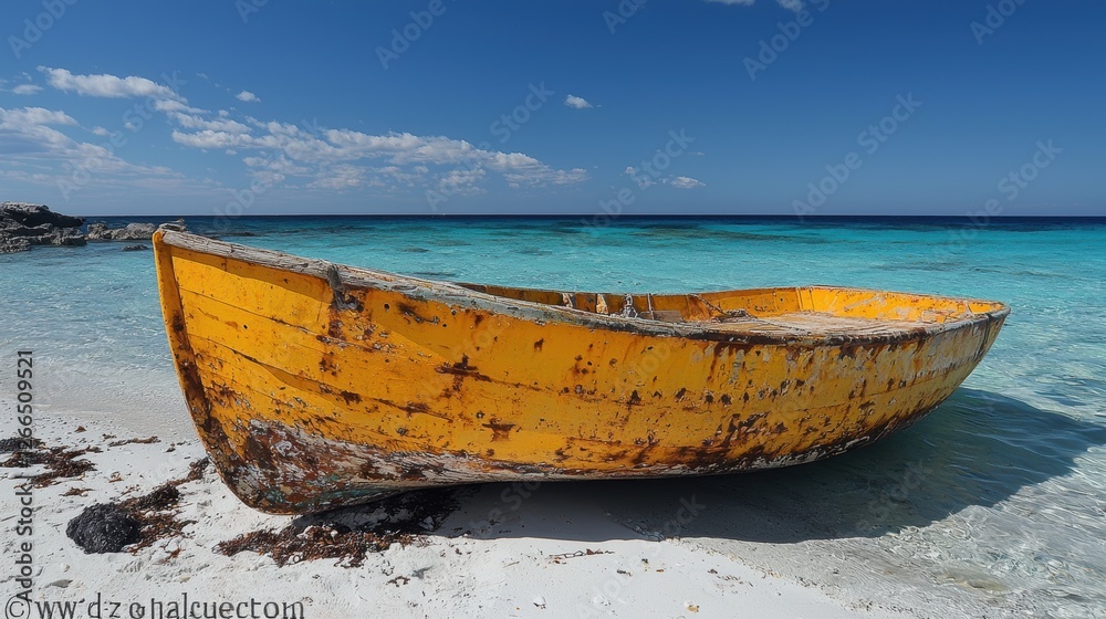 A weathered yellow boat rests on a sandy beach by the clear blue sea. A weathered yellow boat rests on a sandy beach by the clear blue sea.