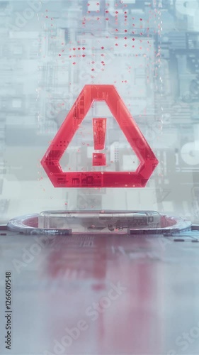 Warning Sign: 3D Holographic Triangle with Red Exclamation Mark in a Futuristic Tech Environment