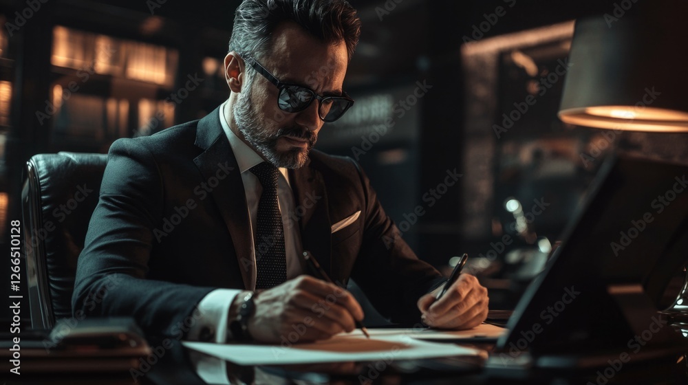 Businessman in Formal Attire Writing Notes in a Modern Office Setting Businessman in Formal Attire Writing Notes in a Modern Office Setting