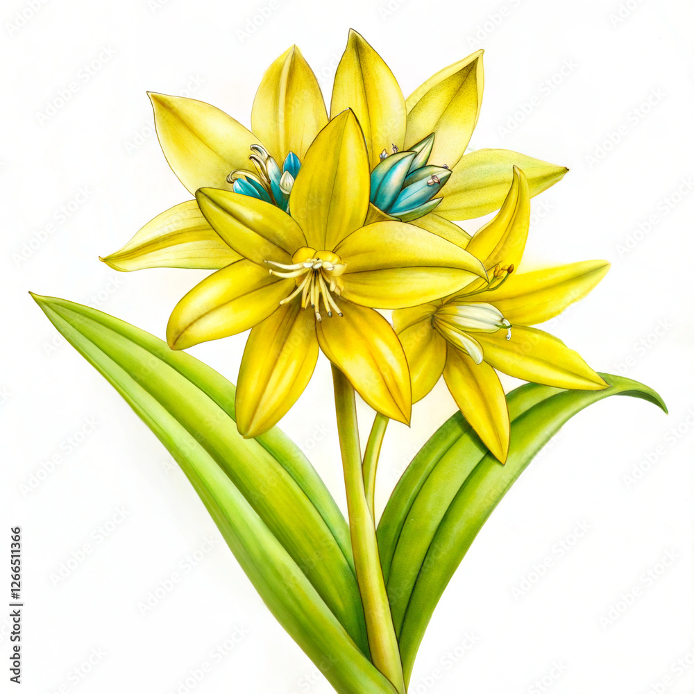 Obraz premium Scilla flowers with vibrant yellow petals and blue details, detailed botanical illustration on a white background, copy space