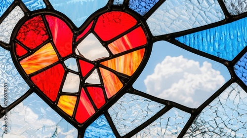 Heartbroken Rendering Concept, Broken Stained Glass Window Art Featuring a Fractured Heart Design Against a Bright Sky Background