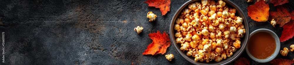 Bowl of Caramel Popcorn Surrounded by Autumn Leaves on a Dark Surface. Generative AI Bowl of Caramel Popcorn Surrounded by Autumn Leaves on a Dark Surface. Generative AI