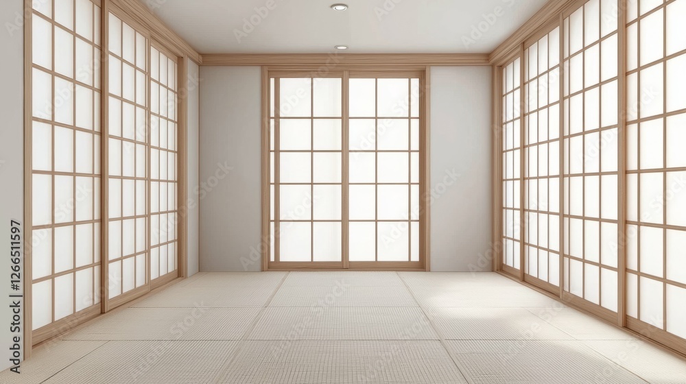 Minimalist Japanese Interior with Shoji Windows and Tatami Floor Minimalist Japanese Interior with Shoji Windows and Tatami Floor