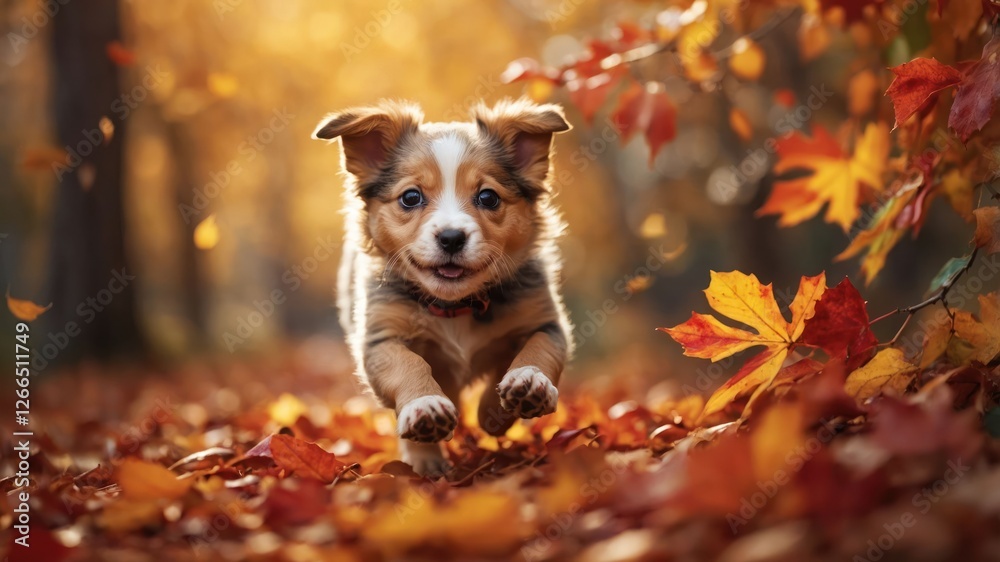 A playful puppy runs through a colorful autumn landscape filled with falling leaves. A playful puppy runs through a colorful autumn landscape filled with falling leaves.