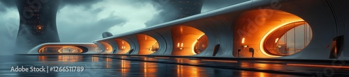 Futuristic Urban Architecture with Glowing Lights in the Cityscape. Generative AI