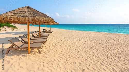 Empty loungers line tropical beach. Ocean and clear sky background. Ideal for vacation promotion photo