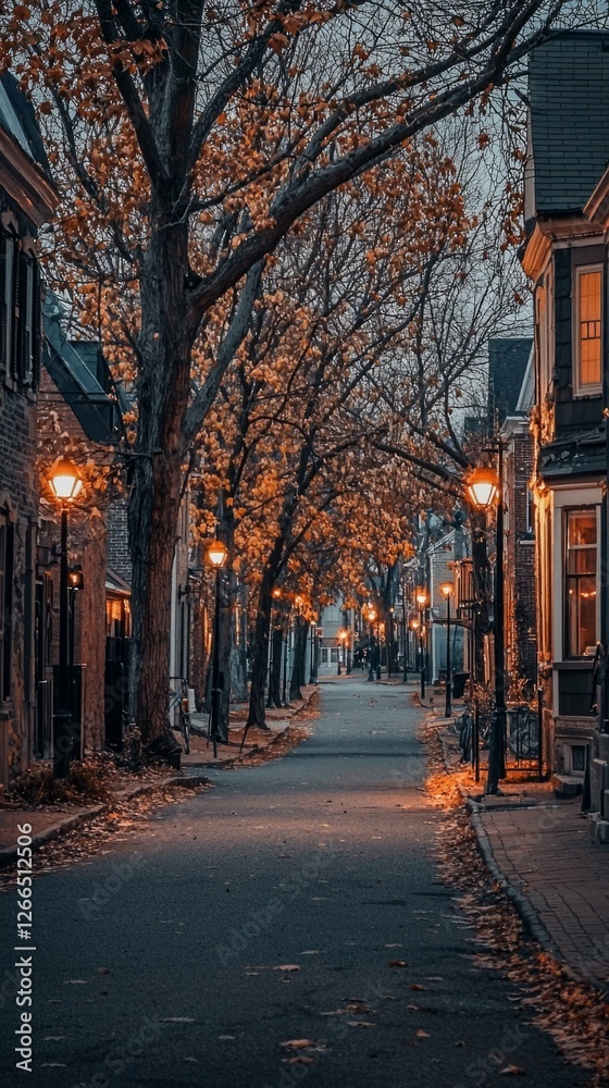 Fototapeta premium Serene Autumn Evening in a Quaint Tree-Lined Street with Lanterns