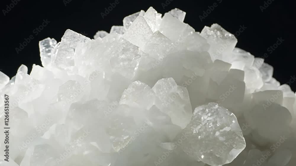 Slow zoom out video showing a dramatic cluster of coarse kosher salt crystals, with strong side lighting emphasizing the texture and purity Slow zoom out video showing a dramatic cluster of coarse kosher salt crystals, with strong side lighting emphasizing the texture and purity