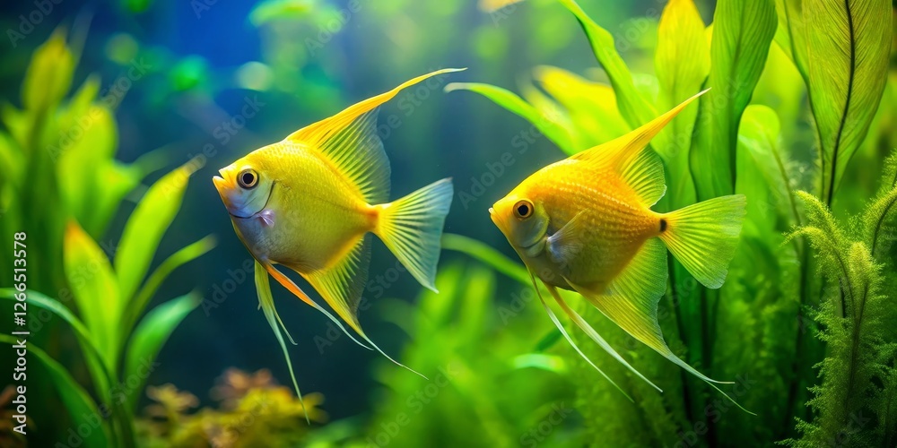 Golden Angelfish gracefully swim amidst vibrant aquatic plants in a serene underwater environment, showcasing their radiant color and elegant fins. Golden Angelfish gracefully swim amidst vibrant aquatic plants in a serene underwater environment, showcasing their radiant color and elegant fins.