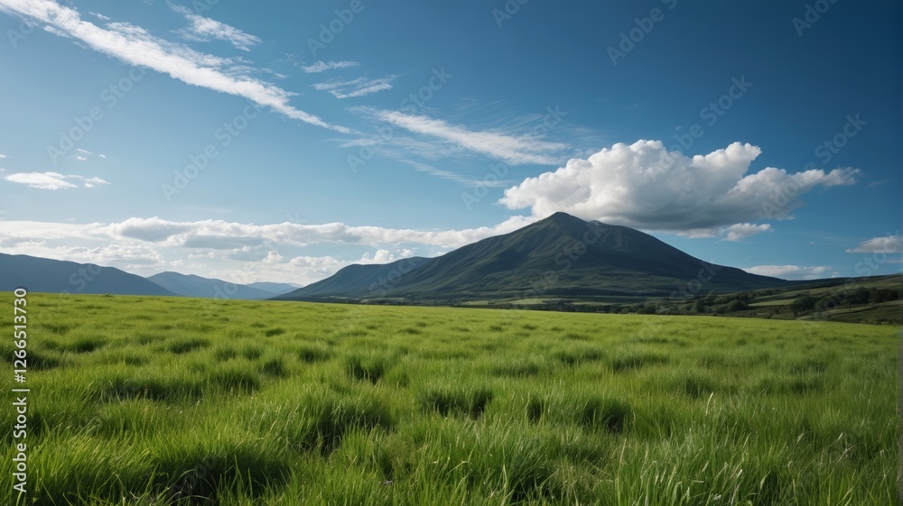 Fototapeta premium grassy field with mountains in the background and a blue sky
