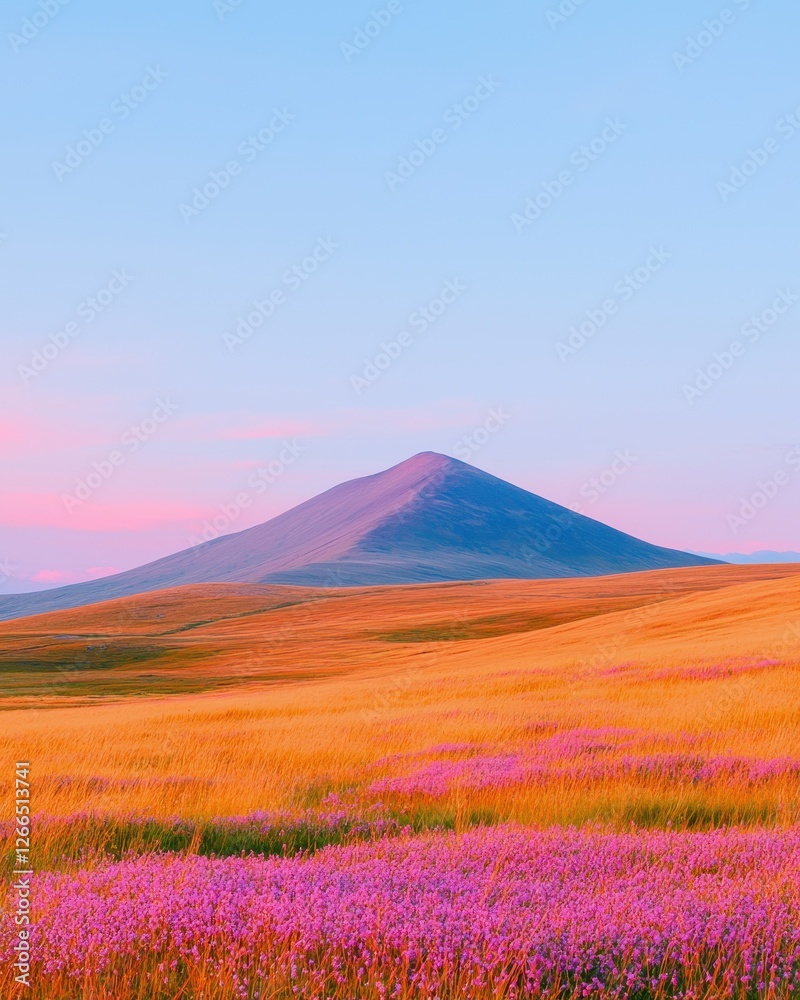 Obraz premium Breathtaking scenic landscape with vibrant wildflowers and majestic mountain under a clear blue sky at sunset