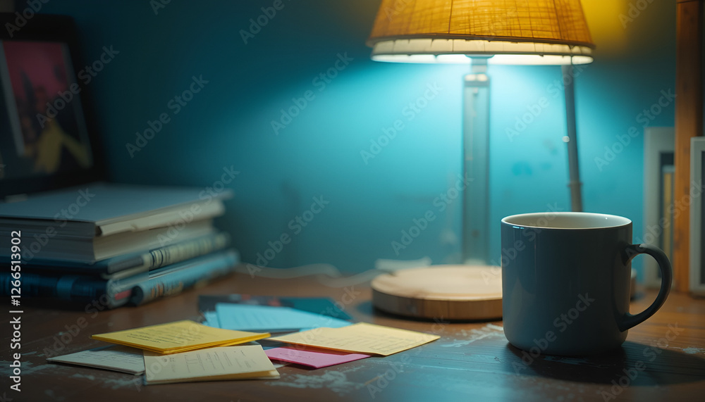 Lamp, coffee mug, and sticky notes. Lamp, coffee mug, and sticky notes.