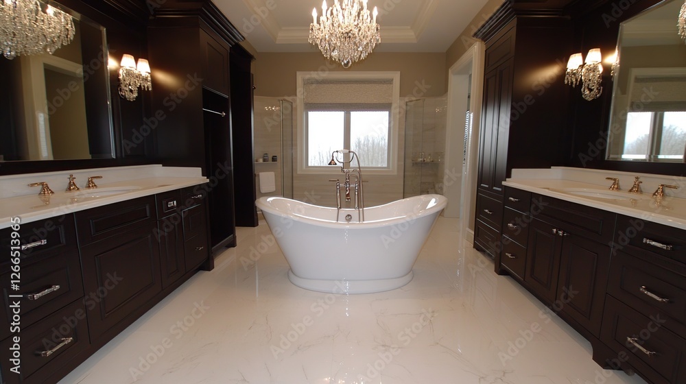 Fototapeta premium Luxurious master bathroom design, featuring a freestanding tub, marble floors, and large windows, showcasing home interior design for real estate marketing