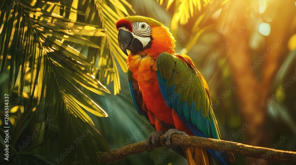 Obraz premium Vibrant Macaw Perched on a Branch Amid Lush Green Foliage