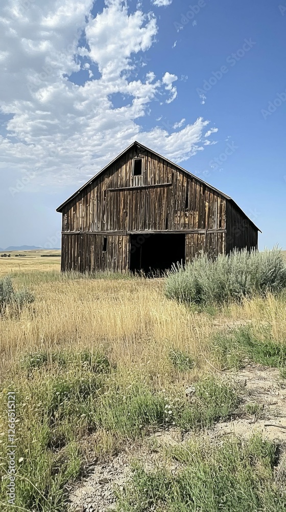 Rustic wooden barn surrounded by golden grass and blue sky Rustic wooden barn surrounded by golden grass and blue sky