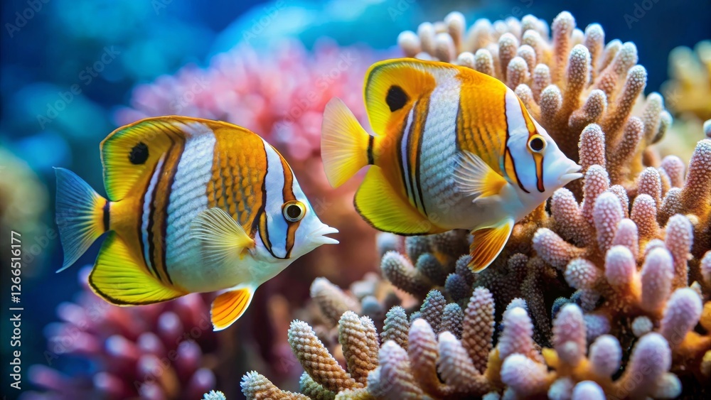 Fototapeta premium Vibrant Marine Life Two Exquisite Butterflyfish Gracefully Navigate a Lush Coral Reef Ecosystem