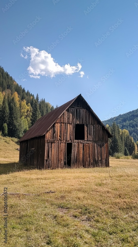 Obraz premium Rustic Wooden Barn in a Beautiful Mountain Landscape
