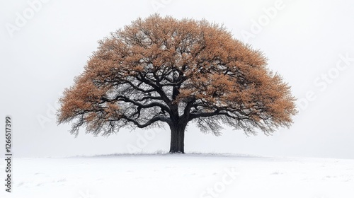 Lone tree standing in snowy landscape with a hint of autumn. Generative AI