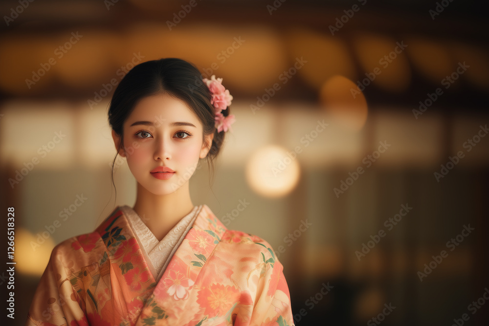 young woman in floral kimono with serene expression, set in warm, softly lit environment. young woman in floral kimono with serene expression, set in warm, softly lit environment.