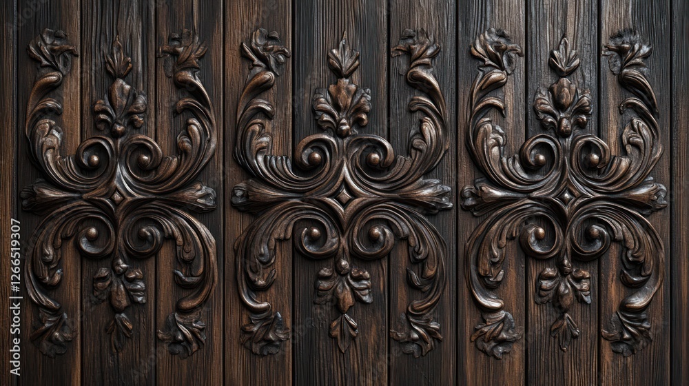 Dark wood paneling with ornate carvings Dark wood paneling with ornate carvings