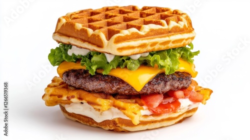 Waffle Burger with Cheddar and Fresh Ingredients. Generative AI photo