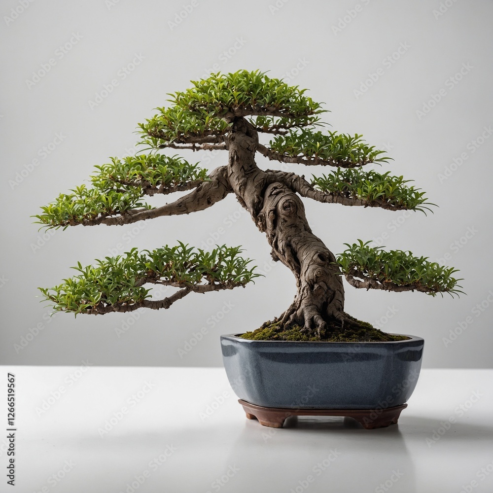 Fototapeta premium A bonsai tree with intricate branches and delicate leaves on a pure white background.