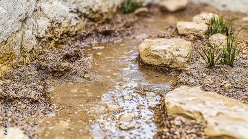 Miniature streamlet flowing through textured, rocky terrain