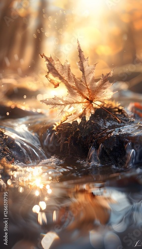 Close-up of a single red maple leaf lying on a moss-covered rock in a flowing forest stream, with sunlight creating sparkling highlights
