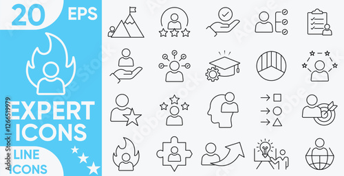 Expert Line icon set. skills, expertise, business, knowledge,competence, growth, education, meeting, specialist, experience and more.Vector and illustrator set.