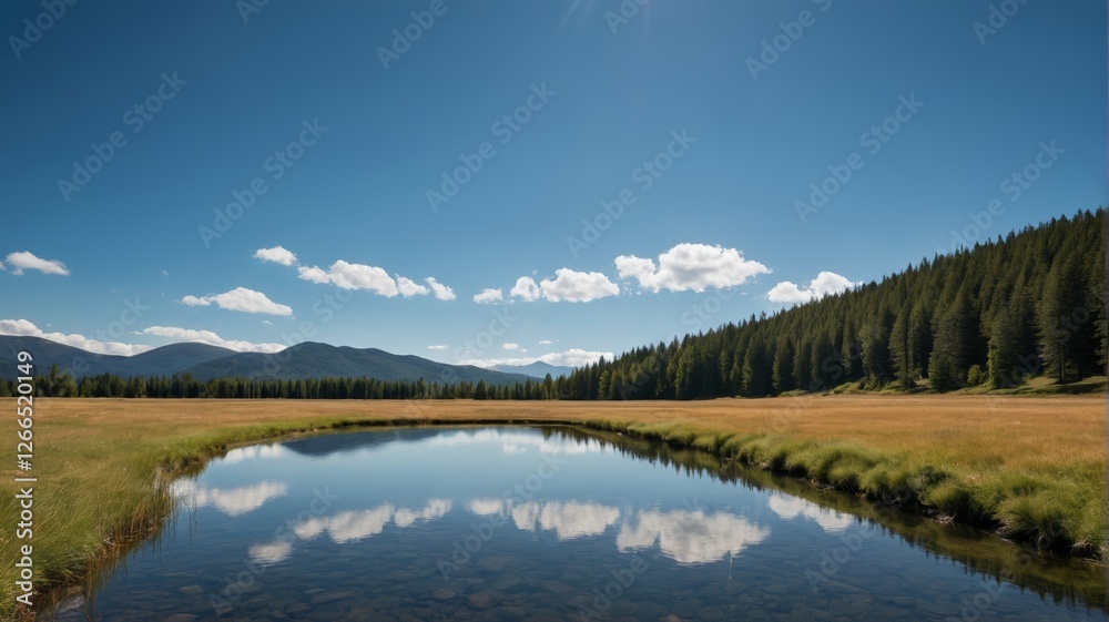 there is a small pond in the middle of a field with trees there is a small pond in the middle of a field with trees