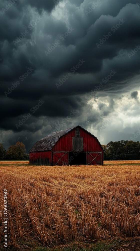Dramatic Sky Over Red Barn in Golden Field Before Stormy Weather Dramatic Sky Over Red Barn in Golden Field Before Stormy Weather
