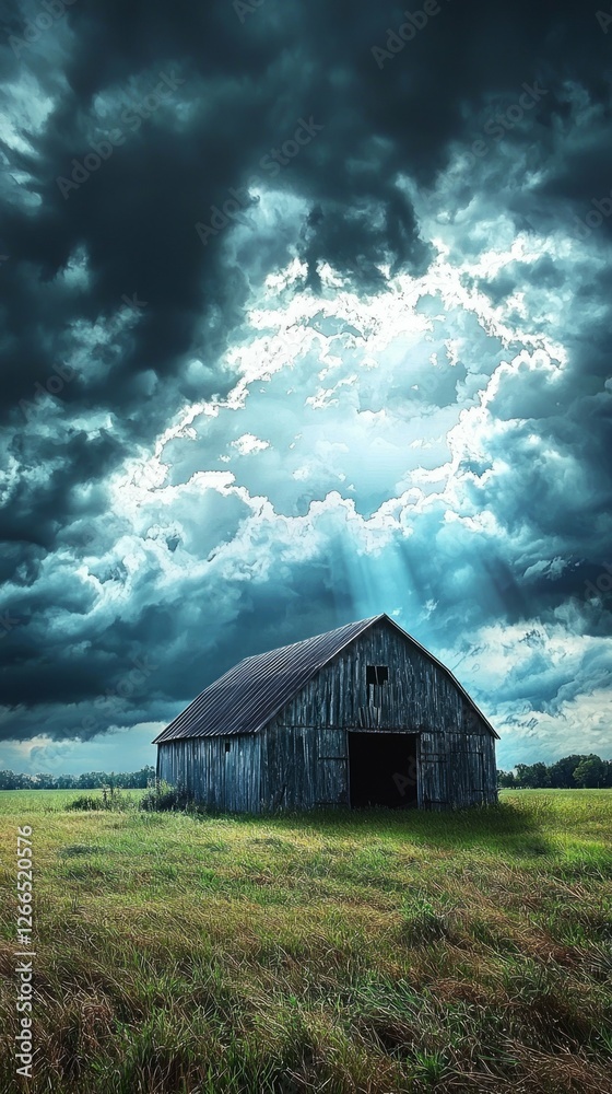 Dramatic Sky Over Weathered Barn in Lush Green Landscape Dramatic Sky Over Weathered Barn in Lush Green Landscape