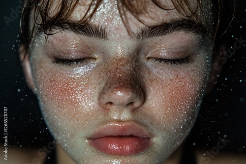 Close up of a woman's face covered in water droplets.