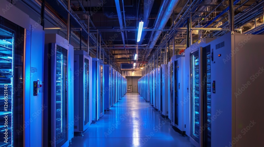 Futuristic Data Center with Illuminated Server Racks and Cool Colors