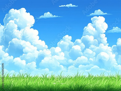 Cartoon meadow landscape with fluffy clouds, blue sky. Nature background for video game, poster