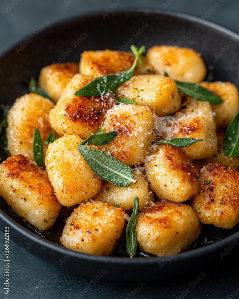 Pan-fried gnocchi with sage and parmesan cheese. Pan-fried gnocchi with sage and parmesan cheese.