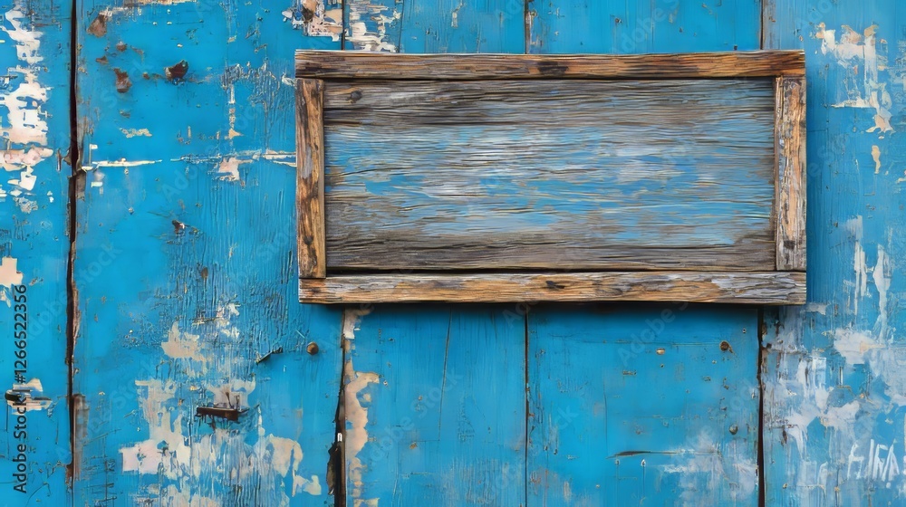Naklejka premium blank wooden signboard on aged wooden blue wall