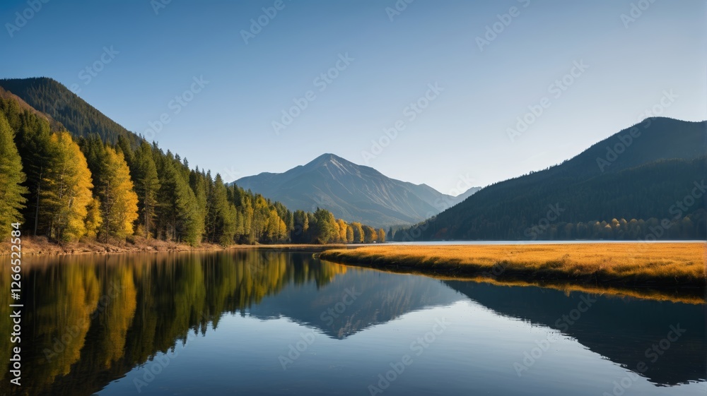 mountains are reflected in the water of a lake surrounded by trees mountains are reflected in the water of a lake surrounded by trees