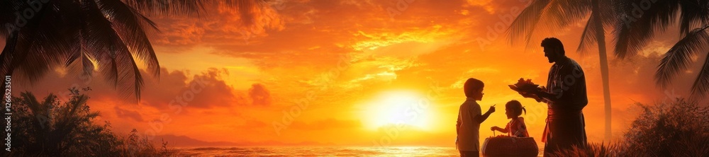 Silhouetted family on the beach at sunset enjoying togetherness and serenity. Generative AI