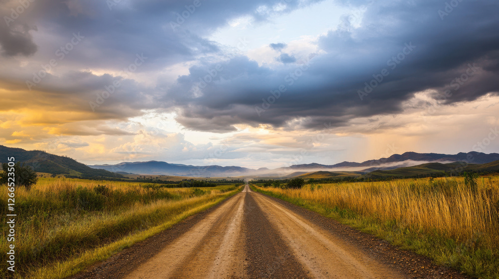 rural road stretches through scenic landscape under dramatic skies rural road stretches through scenic landscape under dramatic skies