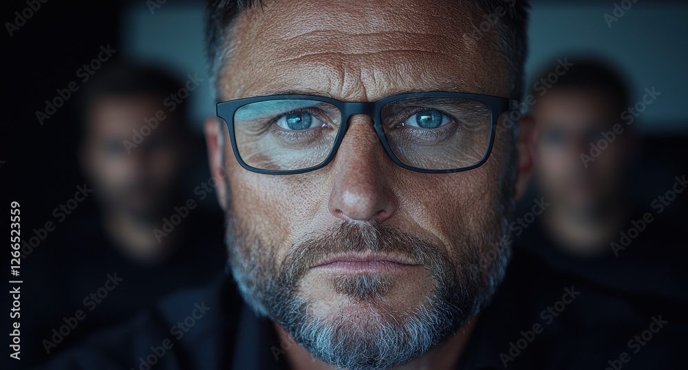 Serious man wearing glasses with two blurred men in the background. Serious man wearing glasses with two blurred men in the background.