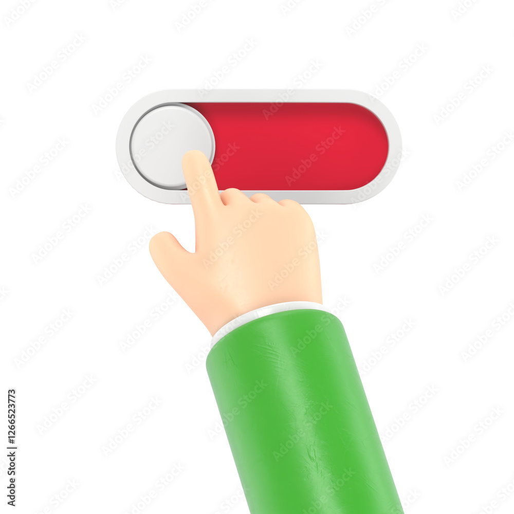 Cartoon Gesture Icon Mockup.3d render,cartoon character hand touches slider button,slide bar,on off switcher icon.3D rendering on white background.
