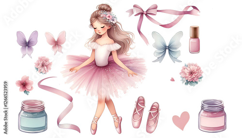 Pastel-themed girl in a tutu and ballet slippers, with sparkles and floating ribbons around her. Watercolor clipart illustration isolated on a white background