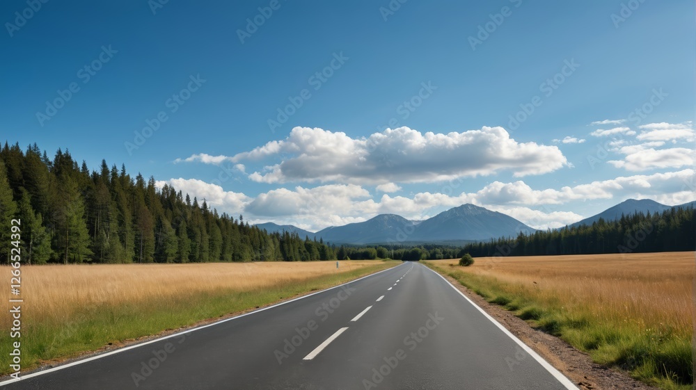 Fototapeta premium arafed road with a mountain in the distance and a field of grass