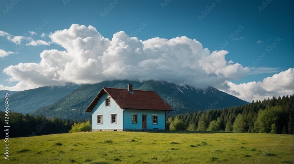 there is a small house in a field with a mountain in the background there is a small house in a field with a mountain in the background