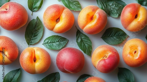 Fresh Juicy Peaches with Green Leaves on a White Background. Generative AI photo