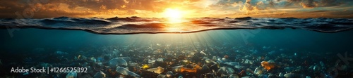 Ocean pollution under the surface with plastic waste during sunset. Generative AI photo